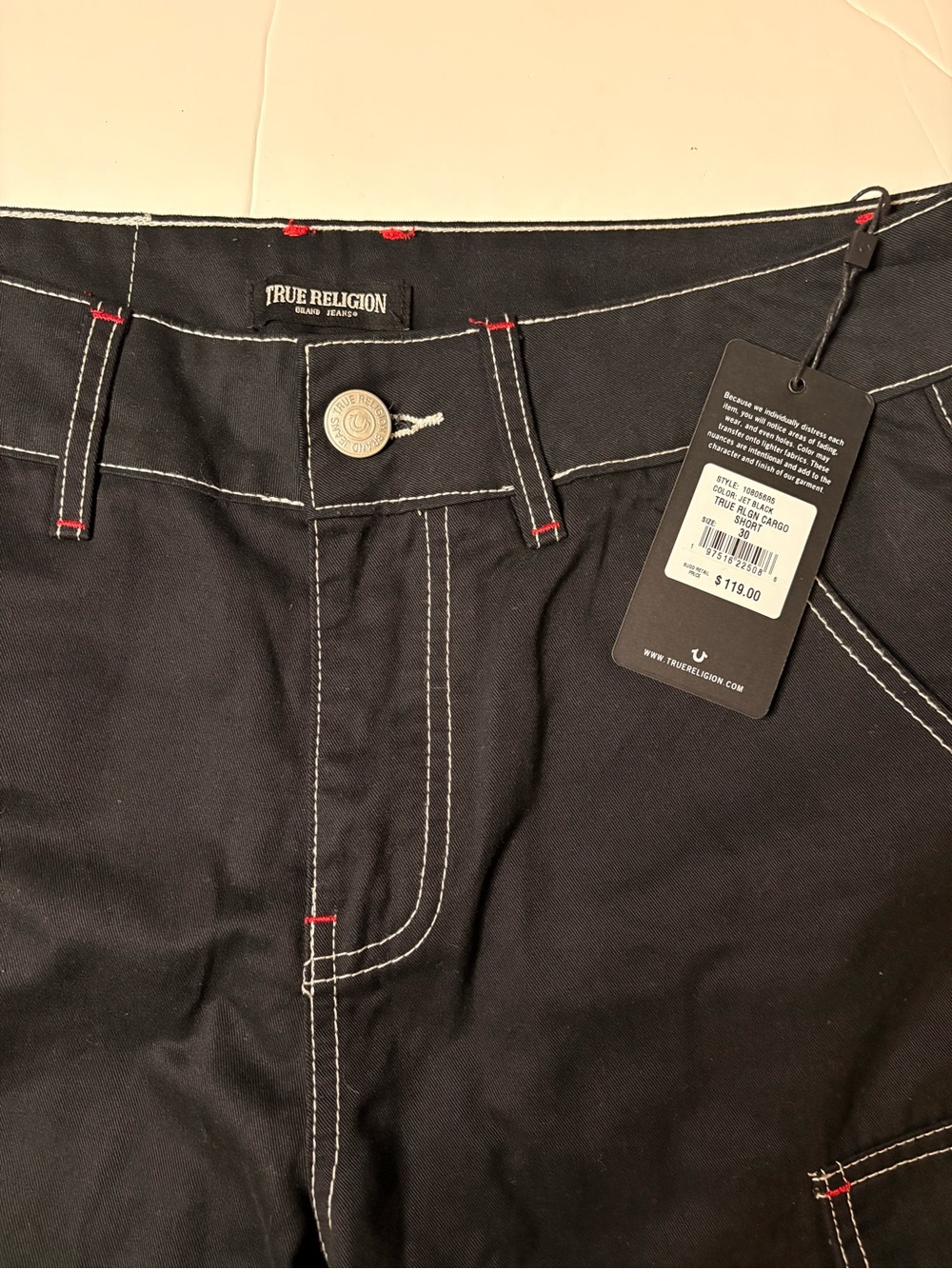 True Religion Black Pants with White Stitching and Red Accents
